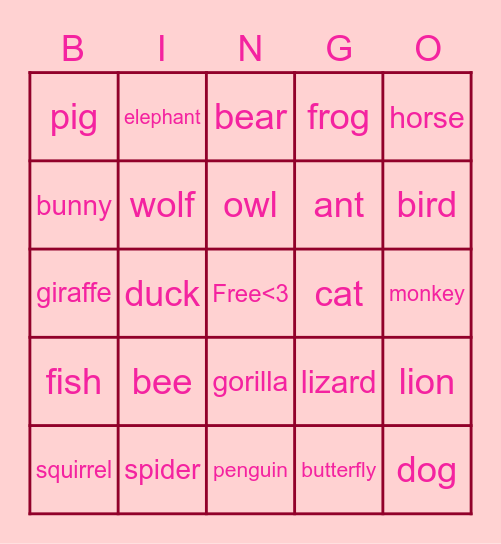 Animals Bingo Card