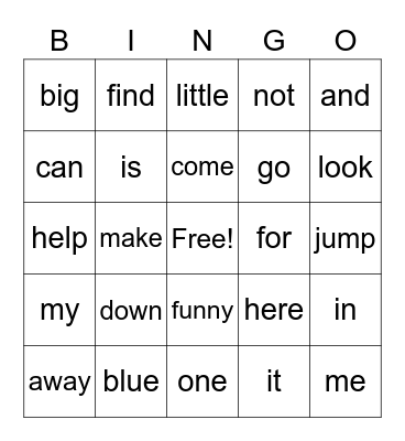 Sight Words Bingo Card