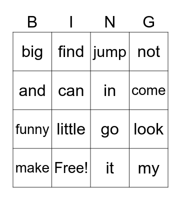 Sight Words Bingo Card