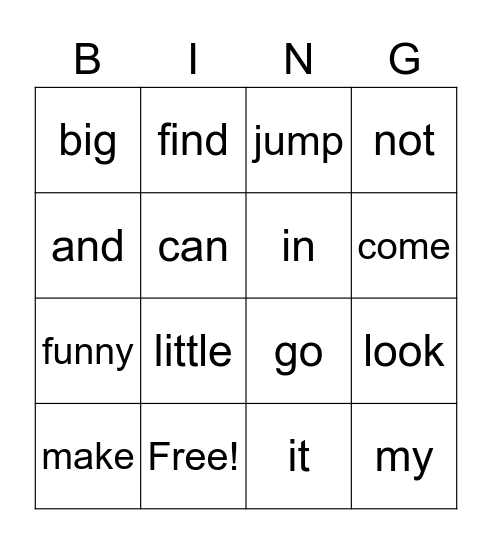 Sight Words Bingo Card