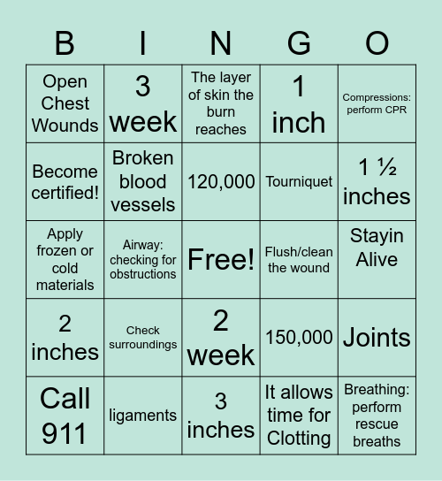 Clinical Skills Bingo Card