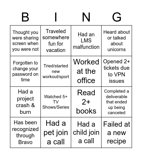 2021 Flashback Bingo Card