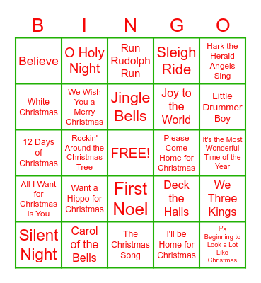 Christmas Songs Bingo Card