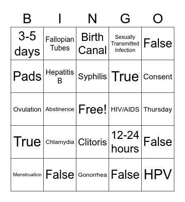 Sexual Health Bingo Card