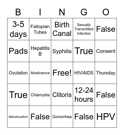 Sexual Health Bingo Card