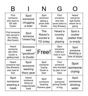 Dustin's Send Off Bingo Card