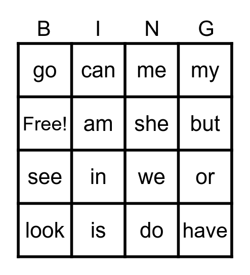 Sight words Bingo Card