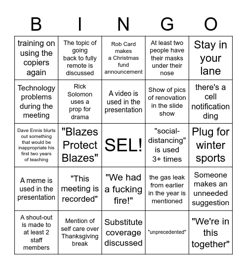 Staff Meeting Bingo Card