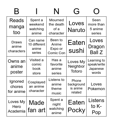 Anime Club Bingo Card