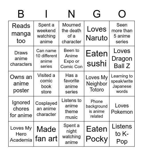 Anime Club Bingo Card