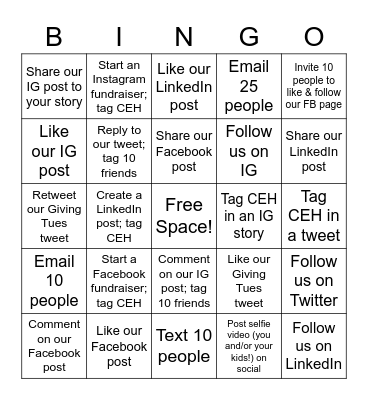 CEH Giving Tuesday 2021 Bingo! Bingo Card