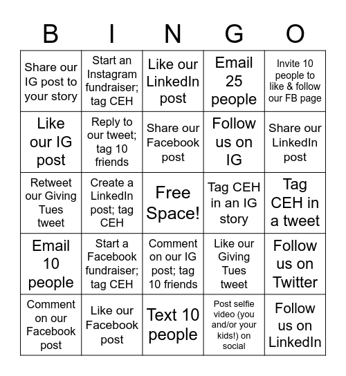 CEH Giving Tuesday 2021 Bingo! Bingo Card