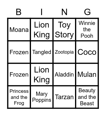 Disney Movie Titles Bingo Card