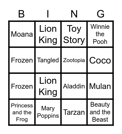 Disney Movie Titles Bingo Card