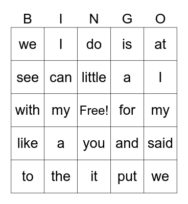 Sight Words Bingo Card