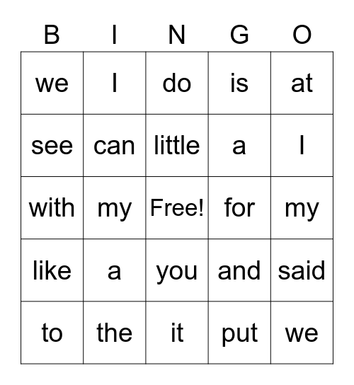 Sight Words Bingo Card