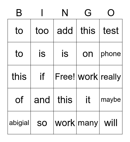 Main Event Bingo Card