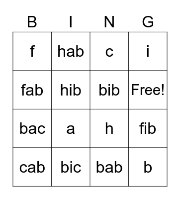 short a and i Bingo Card