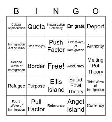 Immigration Bingo Card