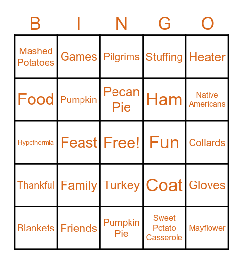 Thanksgiving & Cold Weather Bingo Card