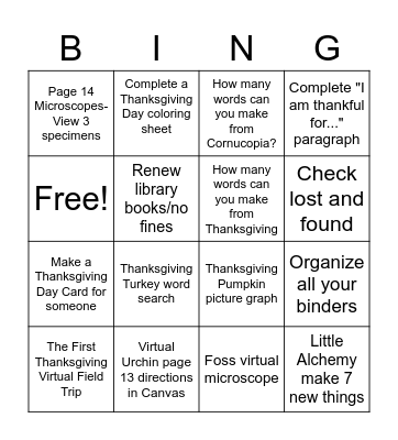 T-2 Days until Thanksgiving Break Bingo Card