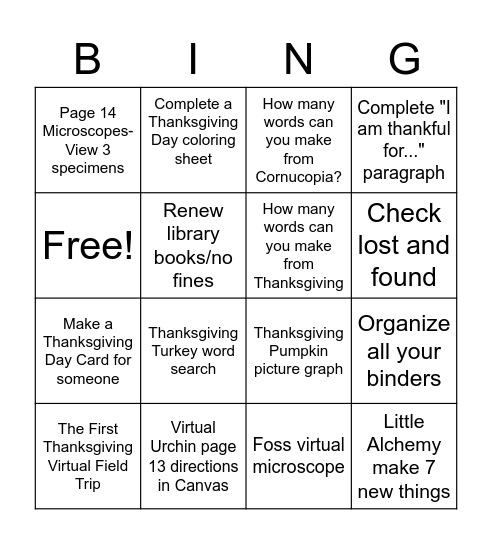 T-2 Days until Thanksgiving Break Bingo Card