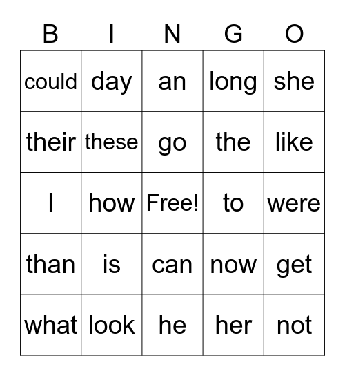 Fry's First 100 Words Bingo Card