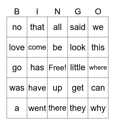 SIGHT WORDS Bingo Card