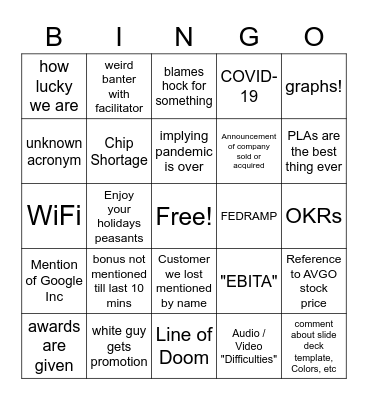 Tom Kraft Bingo Card