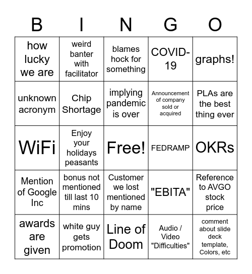 Tom Kraft Bingo Card