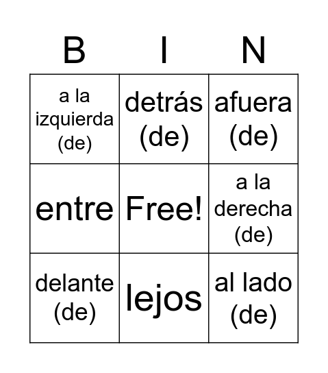 Las preposiciones Bingo Card
