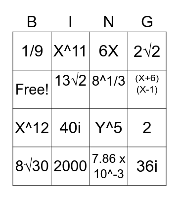 Algebra 2 Review Bingo Card