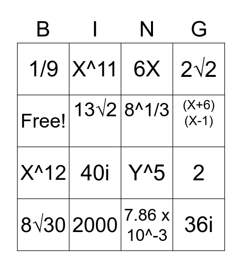 Algebra 2 Review Bingo Card