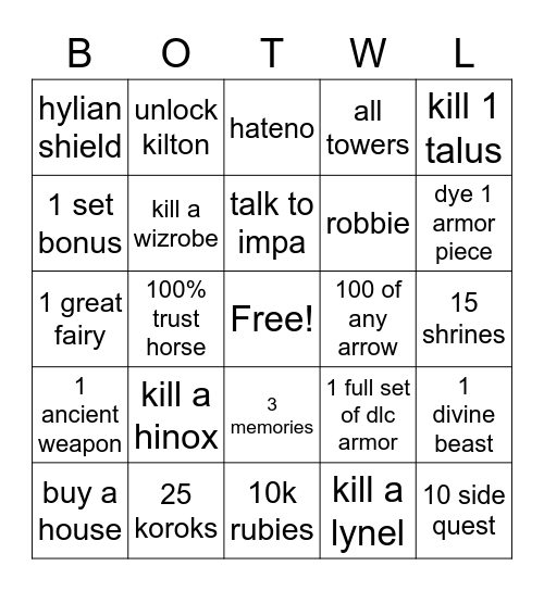 Botw lockout Bingo Card