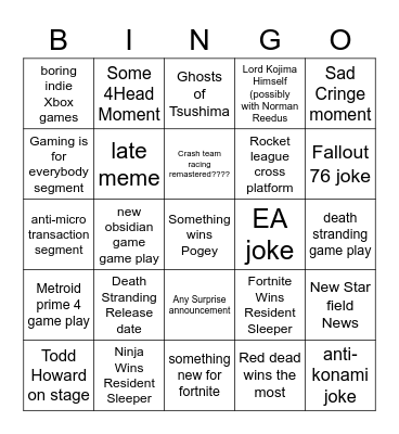 The game awards bingo Card