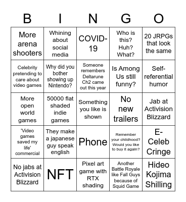 Cynical Game Awards 2021 Bingo Card