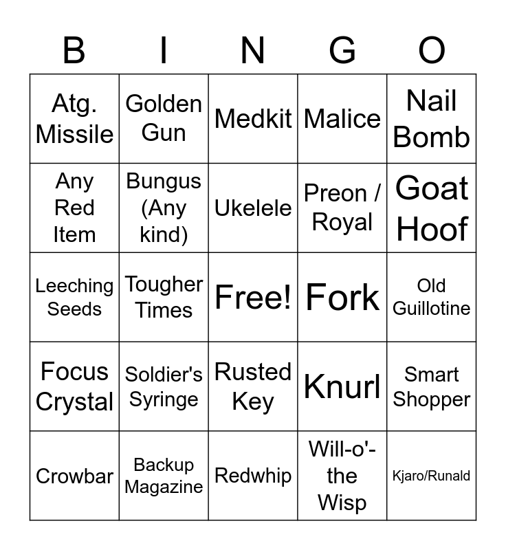 Risk of Rain Bingo Card