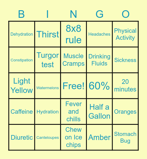 Dehydration Bingo Card