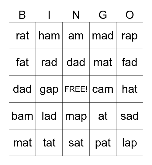 short "a" words Bingo Card