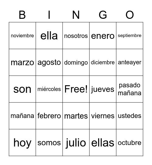 Months, Days of the Week, and the Verb Ser Bingo Card