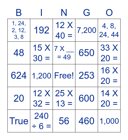 Multiplication and Division Fourth Grade Bingo Card