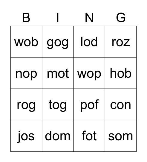 Nonsense CVC aio Bingo Card