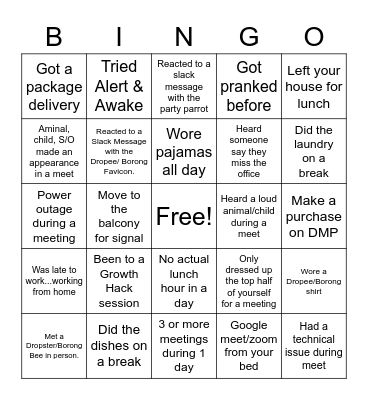 Dropee Team Virtual Hangout Lunch Bingo Card