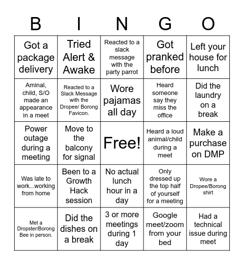 Dropee Team Virtual Hangout Lunch Bingo Card