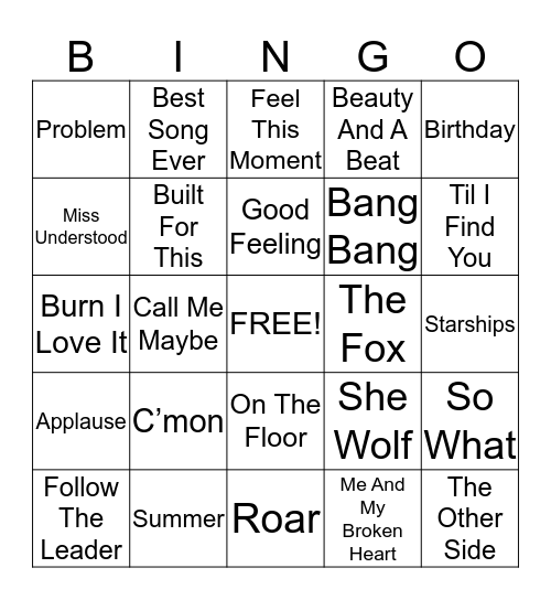 Just Dance Hits Bingo Card