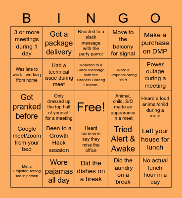 Dropee Team Virtual Hangout Lunch Bingo Card