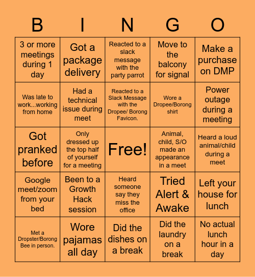 Dropee Team Virtual Hangout Lunch Bingo Card