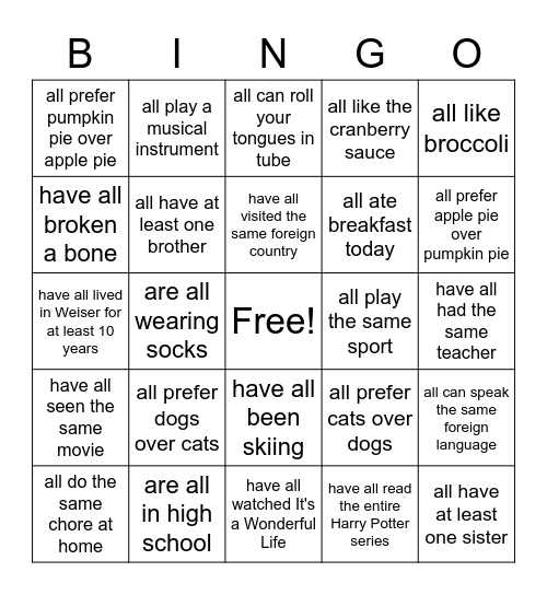 I'm Thankful for Things We Have in Common! Bingo Card