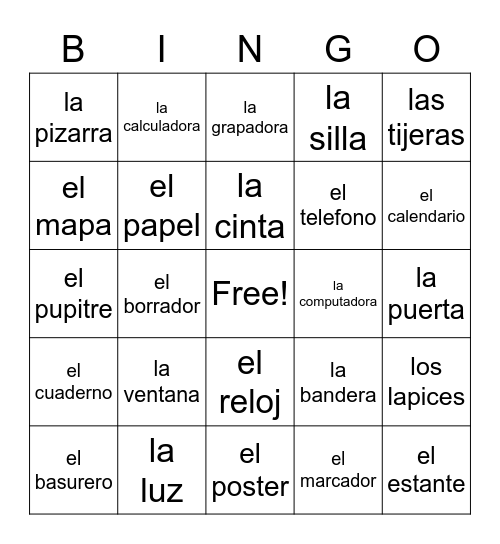 Spanish School Supplies Bingo Card