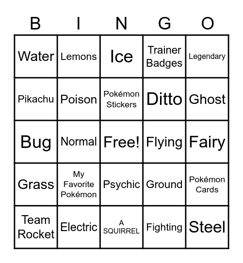 Pokémon Scavenger Hunt Bingo Card